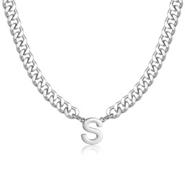 Fiusem Initial Necklace for Men, Silver Tone Cuban Link Chain for Men with Small Letter Necklace Pendant, Mens Necklace Jewelry Letter S