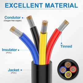 NAOEVO 16 Gauge Wire 4 Conductor Wire, 16 AWG 4 Core Stranded PVC Cable, Tinned Copper/Low Voltage 12V/Flexible Extension Cord for Automotive Trailer Wiring, Lamp Cord, Marine, RGB Cable (30FT)