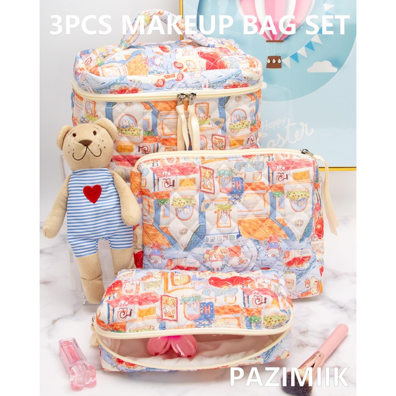 PAZIMIIK 3PCS Makeup Bag SET Large Travel Quilted Zipper Soft