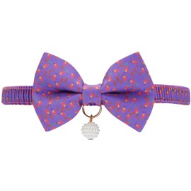 Blueberry Pet Purple Tulip Floral Breakaway Bowtie Cat Collar Choker Necklace with Handmade Bow Tie and Pearl Charm, Safety Elastic Stretch Collar for Cats, Neck 8.5"-12"