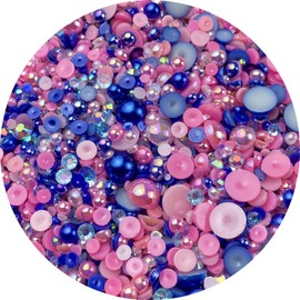 Mix Flatback Pearls and Rhinestone,60g Resin Rhinestones Half Round Pearls for Crafts 3mm-10mm AB Color Half Pearl Flatback Rhinestone for Nail Face Art,Bottles (Dark Pink Blue Series)