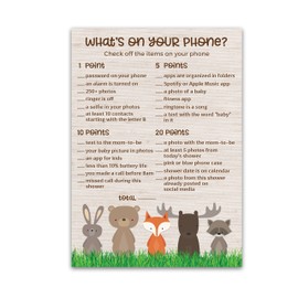 WOODLAND ANIMALS Baby Shower Game — WHAT'S ON YOUR PHONE Baby Shower Game — Pack of 25 — Country Rustic GENDER NEUTRAL Baby Shower Games, Outdoors Fun Game Baby Shower Activity G601-PHN