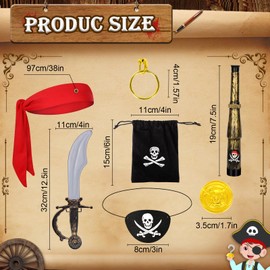 Spinosaurus 7 Pcs Pirate Accessories Sets for Adult Kids,Captain Costume Accessories Pirate Bandana Eye Patch Telescopes Earring Wallet with Gold Coins for Role Play Pirate Dress Up Props
