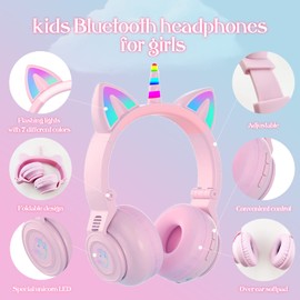 hisonic Children's Bluetooth Headphones, Over-Ear Unicorn Bluetooth Headphones, Girls Headphones with Colourful Lights, Microphone and SD Card Slot for Children from 3 Years (Pink+Purple)