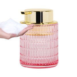 Tonxus Foaming Soap Dispenser, Pink Glass Foam Soap Dispenser for Bathroom and Kitchen, 10 Oz Refillable Foaming Pump Bottle with Large Pump, Ribbed Bottle Container Decor