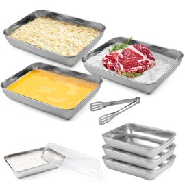 Breading Bowls Set of 3, 25 x 20 x 5 cm, Stainless Steel Rectangular Bowl, Breading Street Set, Breading Street with Lid, with Breading Pliers, Stackable, Metal Gastro Container for Cutlets, Meat