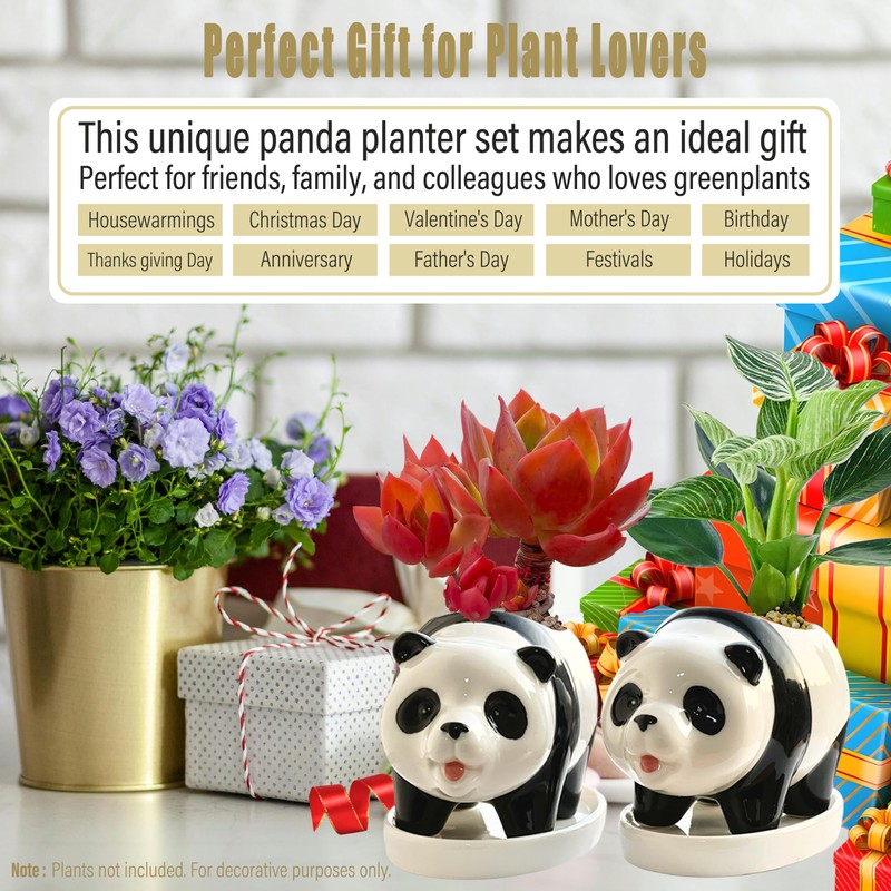 KEEPPACE 2PC Panda Bamboo Planter Pots-5.7 Inch Ceramic Animal Planters