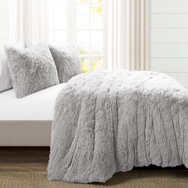 Lush Decor Emma Faux Fur Soft Fluffy Oversized Duvet Cover Set, Full/Queen, Light Gray - Warm Plush 3 Piece Bedding Set