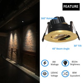 POPANU Premium Shiny Gold 3-inch LED Recessed Lights - 5 CCT 3 Inch Eyeball Ceilling Gimbal Potlight, Dimmable Recessed Lights Fixture with Junction Box, 8W CCT Adjustable, Shiny Gold, 6P