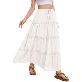 WUWUSKY Skirt Women's Summer Maxi Skirt Elegant Long High Waist Summer Skirt Casual A-Line Casual Skirt with 2 Pockets, White, XL