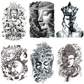 Yesallwas Buddha Statue Temporary Tattoo Buddha Head Lotus for men, Teens Guys, (6 Sheets), Large Waterproof long lasting Fake Tattoos Stickers for Arm Shoulder Chest & Back- Biker Tattoos Black