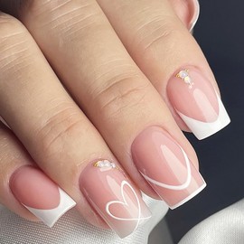 24Pcs Valentines Day Fake Nails French Tip Press on Nails Short Square False Nails with Rhinestones Lines Design Heart Glue on Nails Nude Pink Stick on Nails Valentines Nails Decoration for Women Girl