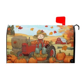 Fall Scarecrow Red Truck Mailbox Covers Magnetic Standard Size 18" X 21",Autumn Pumpkins Maple Leaves Mailbox Wraps Post Letter Box Cover for Holiday Garden Yard Decor