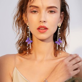 JNONL Elegant Bohemian Long Sparkly Crystal 3D Butterfly Dangle Drop Earrings Cute Fashion Pearl Tassel Butterfly Animal Stud Earrings for Women Statement Wedding Jewelry Gifts (Purple)