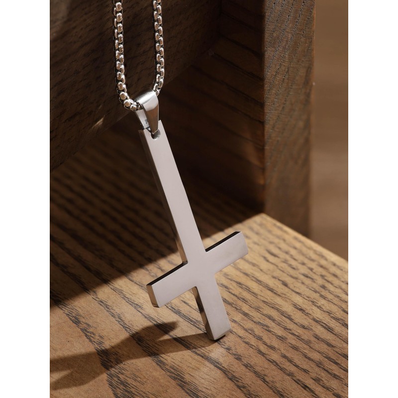 HAQUIL Inverted Cross Necklace for Men, Silver Plated Stainless Steel