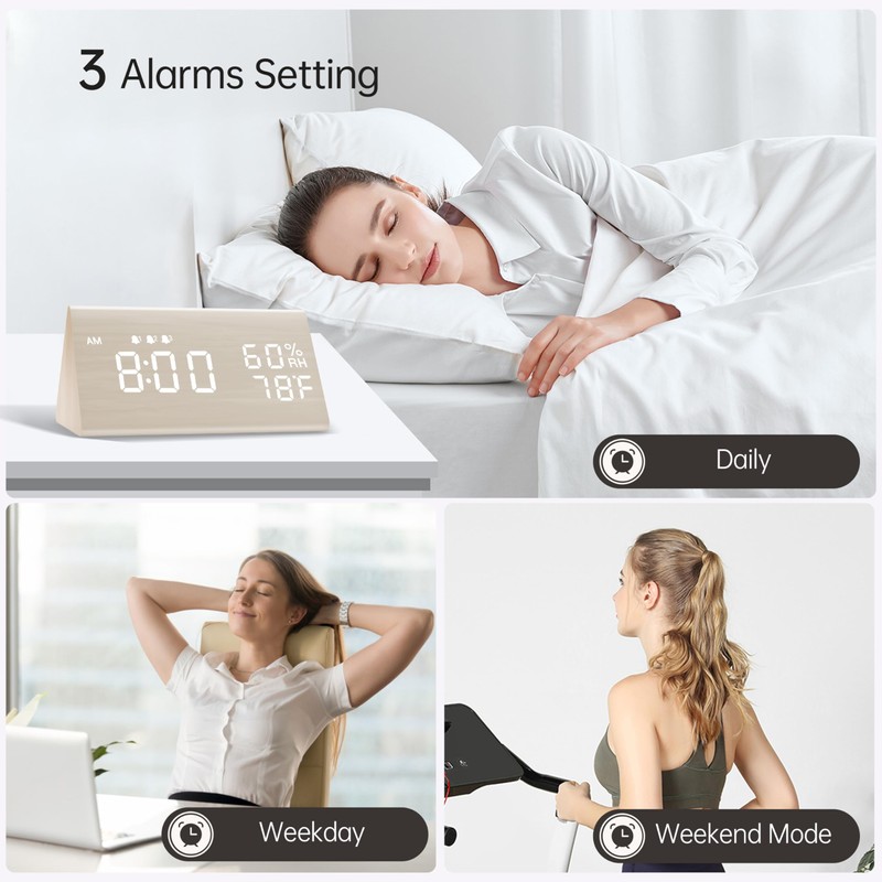 Digital Alarm Clock, with Wooden Electronic LED Time Display, 3
