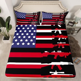 Erosebridal American Flag Bed Sheets Queen,Army Military Bedding Set for Teens Man,Red Blue Stars Stripe USA Flag Fitted Sheet Soldier Bedding Sets 2 Pillow Cases Bedroom Decor Black