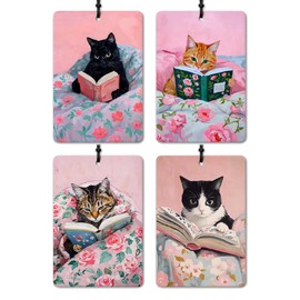 DEQSX Funny Cat Reader Book Car Air Freshener 4 Pcs, Preppy Pink Floral Black Orange Tabby Cats Bookish Hanging Air Freshener for Cars Closet Drawer Books, Girly Car Accessories Mirror Decor for Women