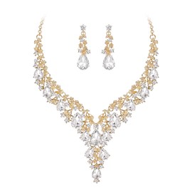 BriLove Women's Wedding Bridal Austrian Crystal Teardrop Flower Leaf Vine Cluster Statement Necklace Dangle Earrings Jewelry Set Clear Gold-Tone