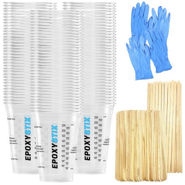 [Pack of 100] Disposable Measuring Cups for Mixing Epoxy Resin - Measurements in mL and Oz - Bonus Pack With 25 Applicator Sticks, 25 Mixing Sticks and 2 Pairs of Nitrile Gloves