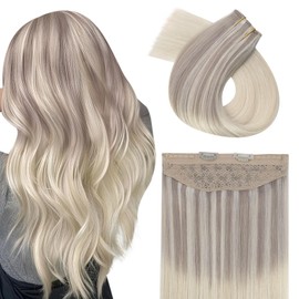 Easyouth Wire Hair Extensions Real Human Hair Hidden Fish Line Hair Extensions Balayage Ash Blonde Ombre Blonde Mixed Platinum Blonde Wire Human Hair Extensions Nordic 18inch 80g