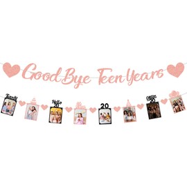 Happy 20th Birthday Decorations for Her - Rose Gold Glitter Goodbye Teen Years Banner and Photo Garland Kit, Funny Farewell Teenage Hello 20 Bday Party Supplies, Pre-strung