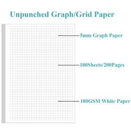 A5 Unpunched Grid Refill Paper - Graph Paper for Ring Binder/Discbound Notebook Planner Inserts, 100 Sheets/200 Pags Grid Paper, 100gsm White Pages, 5.8" x 8.3 "