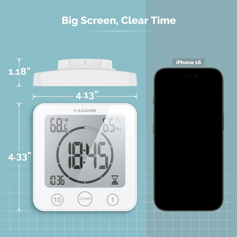 KADAMS Shower Clock Waterproof Bathroom Timer – Digital Wall Clock