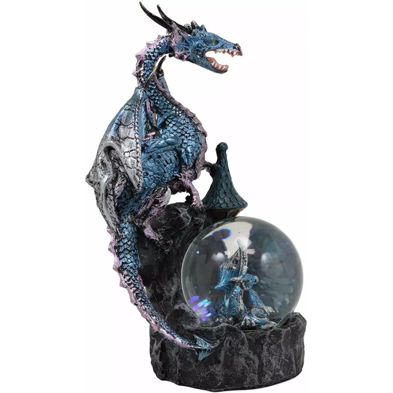 Metallic Blue Dragon On Cliff Rocks Castle With A Wyrmling