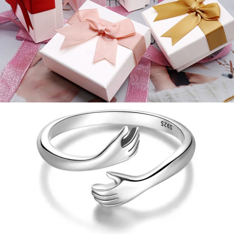 925 Silver Hug Ring Fashionable Versatile Adjustable Hugging Hands Open