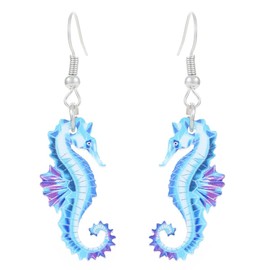 Summer Beach Seahorse Acrylic Earrings for Women Cute Acrylic Seahorse Dangle Drop Earring Lightweight Ocean Themed Jewelry Vacation Style Seaside Accessories (Blue)