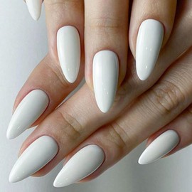 GLAMERMAID Pure White Press on Nails Medium Almond, Neutral Solid White Gel Glue on Nail, Natural Short Stiletto Reusable UV Finish Fake Nails, Acrylic Oval False Nails Manicure Kits for Women