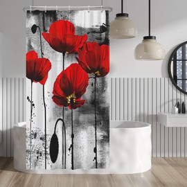 Baocicco Red Poppy Shower Curtain Red Flower Ink Painting Shower Curtains Decorative for Bathroom Dorm Black and White Vintage Waterproof Fabric Shower Curtain with Hooks 36x72 Inches