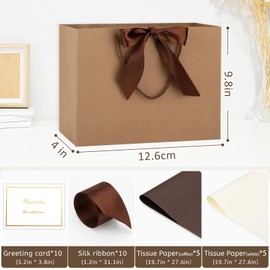 Brown Gift Bags with Handles and Ribbons - 10Pcs Gift Bags with 10 Tissue Paper 10 Greeting Cards, Present Bag for Birthday, Wedding, Mothers Day, Baby Shower, Bridal Shower, Party (12.6''x9.8''x4'')