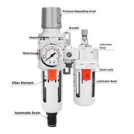 NANPU 1/2" NPT Auto-Drain Air Filter Regulator Lubricator Combo (FRL) Water/Oil Trap Separator - Gauge(0-150 psi), 5 Micron Brass Element, Poly Bowl, Metal Bracket