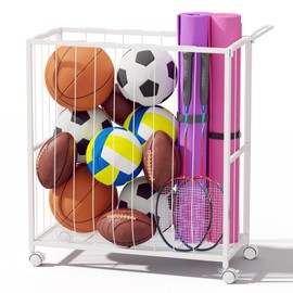 Homsorout Ball Storage Bin Rolling Sports Ball Cart, Metal Garage Organizer Sport Rack, Ball Basket Storage, Ball Cage for Garage or Gym, Indoor & Outdoor Sports Equipment Organizer white