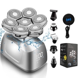Afeitadoras de cabeza para hombres, afeitadoras eléctricas 7D mejoradas para hombres, 6 en 1, impermeable, mojado, seco y calvo con pantalla LED, kits de aseo rotativos con base de carga inalámbrica