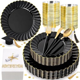 Ciaell 175 PCS Black Scalloped Plastic Plates with Gold Trim - Black Plastic Silverware with Handle - Fancy High-End Dinnerware Sets for Wedding & Party