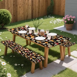 SAOLUIS Picnic Table Cover with Bench Covers, 3 Pcs Waterproof Elastic Picnic Table Cover Fall Outdoor Camping Essentials Windproof Fitted Tablecloth for Indoor & Outdoor (Mushroom, 72X30 Inch)