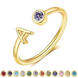 ZNBOH Gold Birthstone Initial Rings for Women Non Tarnish Dainty 14K Gold Plated Adjustable Letter Ring for Women Stackable Cute Thumb Pinky Fashion Unique Open Simple Birthday Gifts Jewelry
