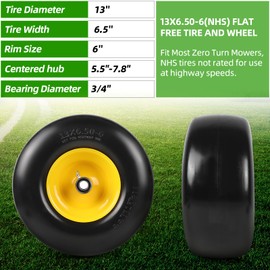 AR-PRO (2-Pack) 13x6.50-6 Flat Free Tire and Wheel, Replacement Solid Smooth Tires for Zero Turn Riding Lawn Mower Front Wheels, 5.5"-7.8" Centered Hub, 3/4" Bearings extra 5/8" & 1/2" Bushings