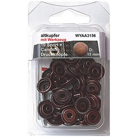 10 Press Studs Sport & Camping Antique Copper 15 mm Rust-Proof Metal with Tool and Instructions in SB Blister Pack, 3156
