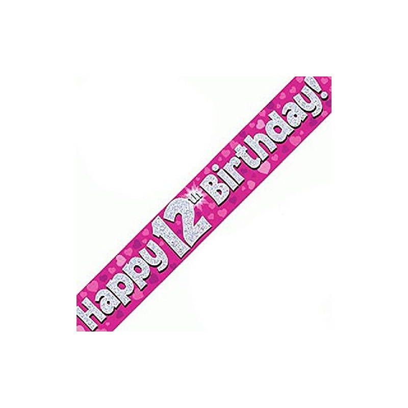 9ft Banner Happy 12th Birthday Pink Holographic