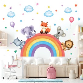 DECOWALL Baby Animals on Rainbow Wall Sticker Decor Kindergarten Nursery Kids Room DIY Wall Decal Wall Art Stickers Boys Girls Children Bathroom Decor Vinyl Bedroom Teen Kids Wallpaper Wallpaper