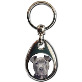 KAZMUGZ BLUE Staffordshire Bull Terrier Dog KEYRING. Heavy quality metal gift keyring. Double sided keychain. Puppy Dog Pet gift.