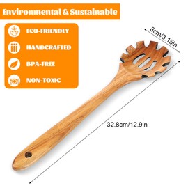 Wooden Pasta Spoon with Teeth 12.9 Inch Acacia Wooden Spaghetti Spoon Spaghetti Fork Tongs Long Hand Pasta Serving Utensils Spaghettis Server Spoons Spaghettis Scoop Strainer Noodle Spoons