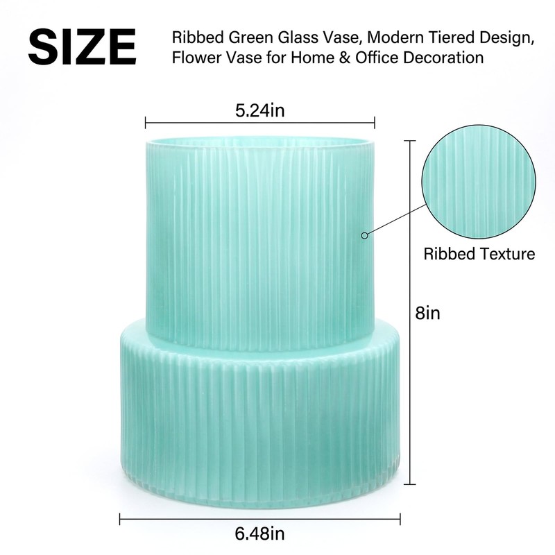 Green Ribbed Glass Vase, Modern Design Flower Vase