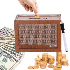 Wooden Money Box Money Bank for Kids and Adults, 8×5.7×3“ Erasable Cash Vault Wooden Savings Box with Erasable Markers, Money Saver Cash Saver Box Best Gift for Boys, Girls (A, for 5000$)
