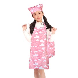 BIGHAS Children's Apron, Triangle Cloth, Drawstring Bag, 3-Piece Set, Easy to Put on and Take Off for Kids, Dinosaurs, Elementary School Students, Name Tag, Dust Resistant, heart/pink