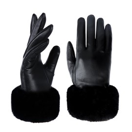 Yicorgard Women Fur Leather Gloves Winter Gloves Black Rabbit Fur Cuff Touchscreen Driving Gloves Small